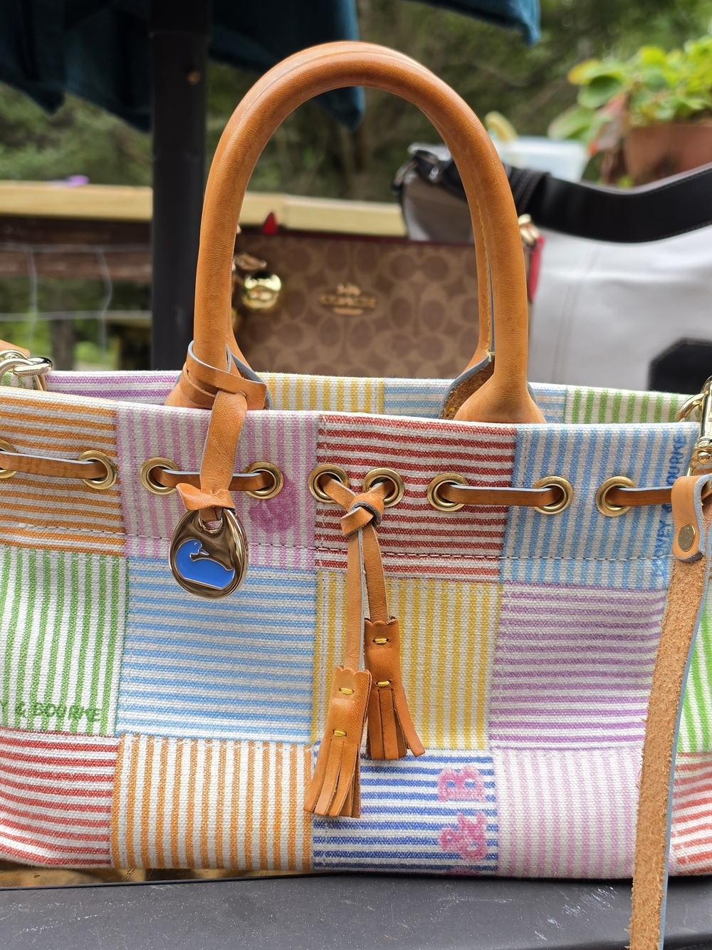 Vintage Dooney & Bourke Seersucker Patchwork Tassel Tote Bag Multi-Color D&B